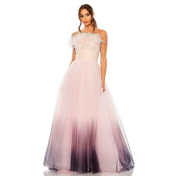 NWT MAC DUGGAL 20557 Pink Ombre Strapless Tulle Base Feather Bodice Gown Size 14 - Picture 1 of 16